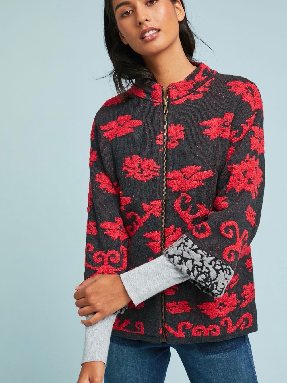 Anthropologie Red Floral Zip-Front knit Jacket